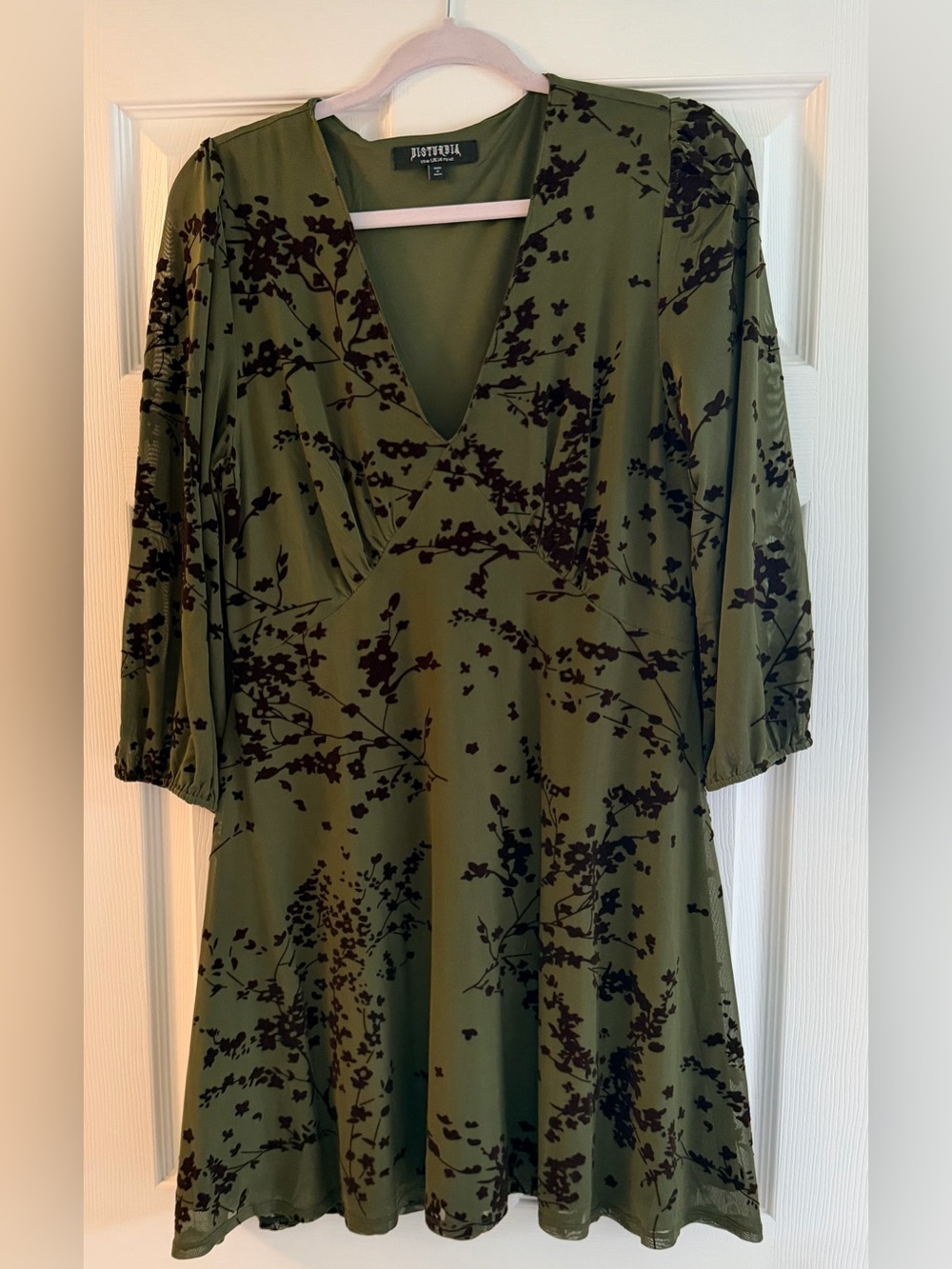 Disturbia Olive Green Mini Dress with Dark Brown Flocked Floral Print